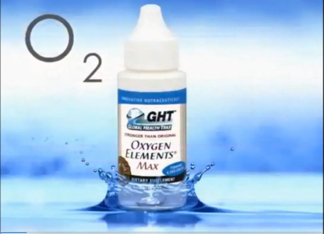 A bottle of oxygen elements max is shown in water.
