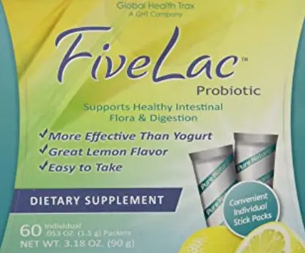 A box of fivelac probiotic supplement.